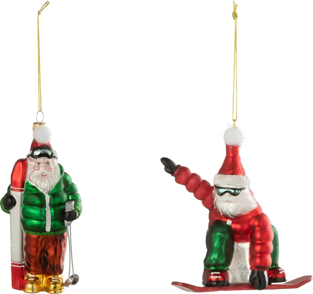 Père Noël Ski et Snowboard en Verre Rouge et Vert J-Line - Lot de 2