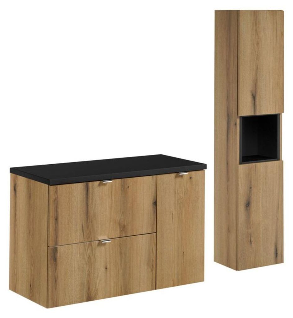 Badezimmer-Set VANO in Eichen- und Schwarzoptik 120cm: Unterschrank mit Schubladen und Schränken + Platte für Waschbecken + Säule