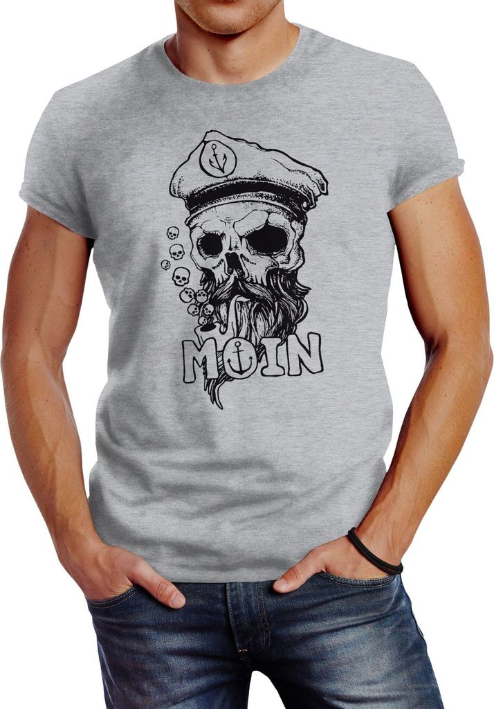 Herren T-Shirt Moin Kapitän Totenkopf Anker Bart Hamburg Fashion Streetstyle Neverless grau XL