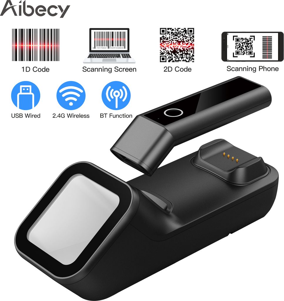3-in-1 Barcodescanner Handheld 1D / 2D / QR-Barcode-Lesegerät BT & 2.4G Drahtlose und USB-Kabelverbindung mit Lade- und Scan-Basis Kompatibel mit ...