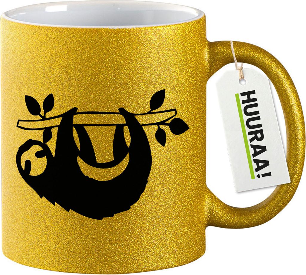 Huuraa Glitzertasse Faultier Silhouette 330ml Gold Keramik Kaffeebecher Geschenkidee