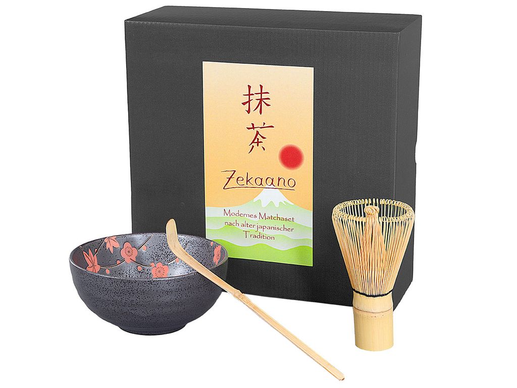 Matcha Set / Matchaset / Matcha Schale 250ml anthrazit/rot, mit Besen/Löffel in Geschenkbox