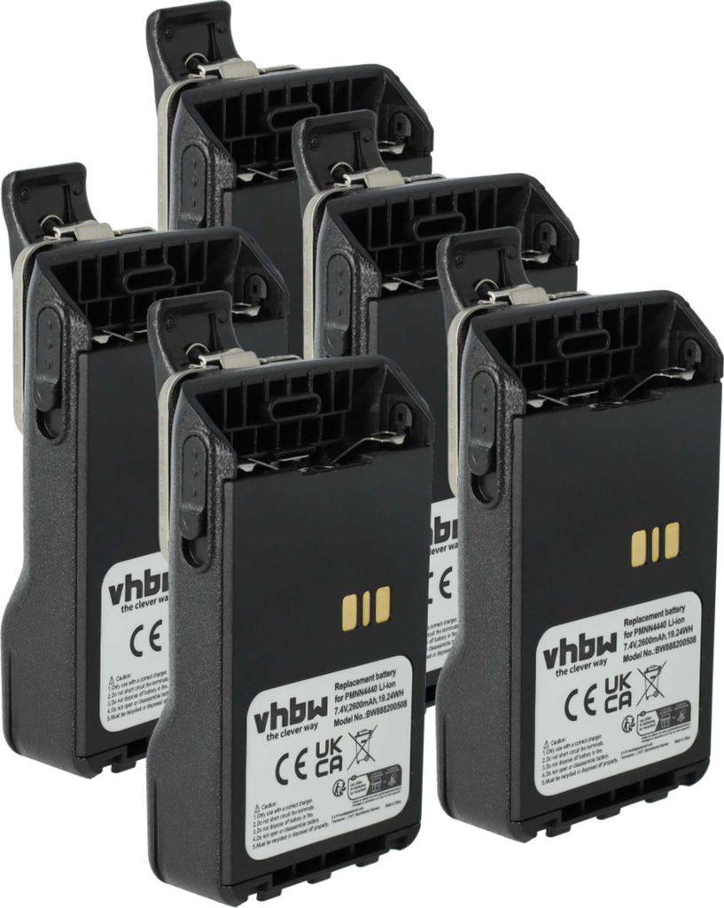 vhbw 5x Akku kompatibel mit Motorola XiR E8628i, E8608i, E8668, P8600, E8608, E8600 Funkgerät, Walkie Talkie (2600 mAh, 7,4 V, Li-Ion)