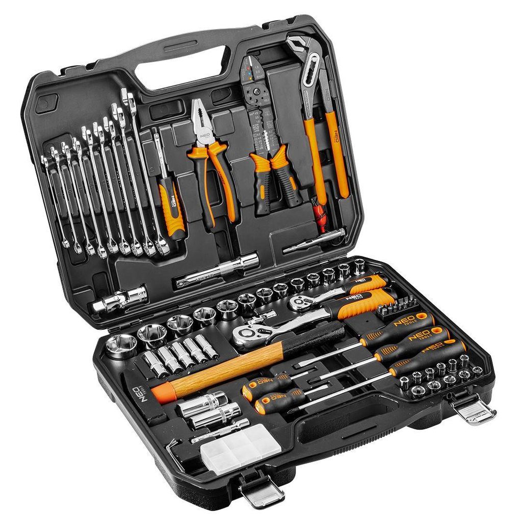 Werkzeugkoffer gefüllt, 100 Teile, Hammer (400 g), Spannungsmesser 12V, Chrom-Vanadium-Spezialstahl, Profi Werkzeugkiste, Neo Tools