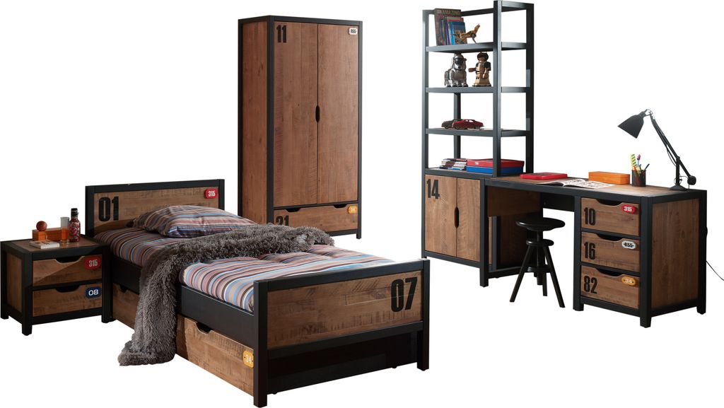 Diese ALEX-Kombination besteht aus einem Nachttisch, einem Bett 90x200 cm, einem Rollbett, einem Schreibtisch, einem Kleiderschrank mit 2 Türen un...