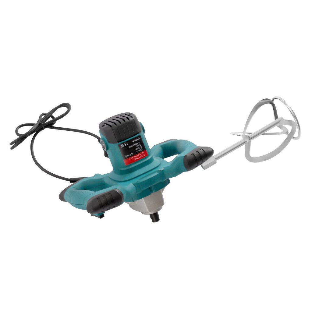 A teal and gray electric mixer with a black cord and a metal mixing attachment, isolated on a white background.