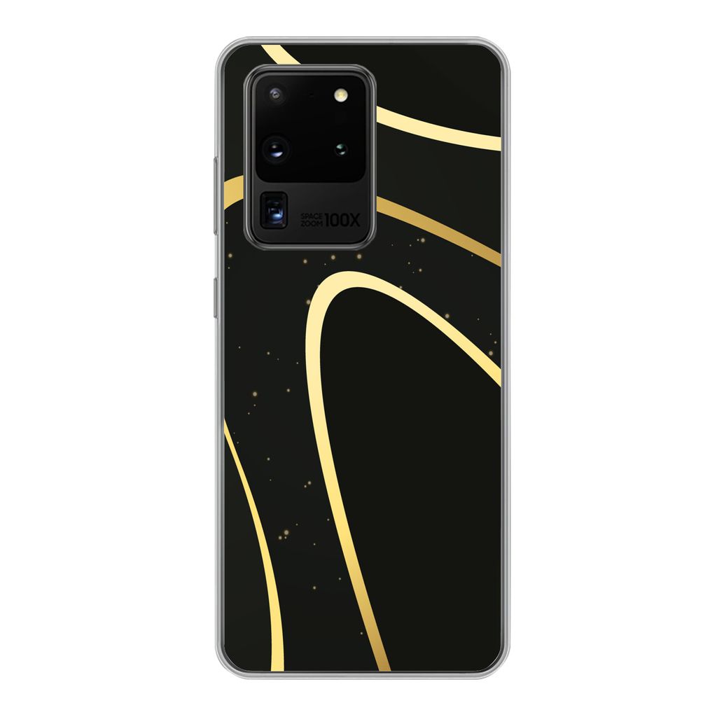 MuchoWow Handyhülle Schutzhülle Hülle für Samsung Galaxy S20 Ultra Goldene Wellen auf schwarzem Hintergrund Silikon Softcase Handy Hülle - K...