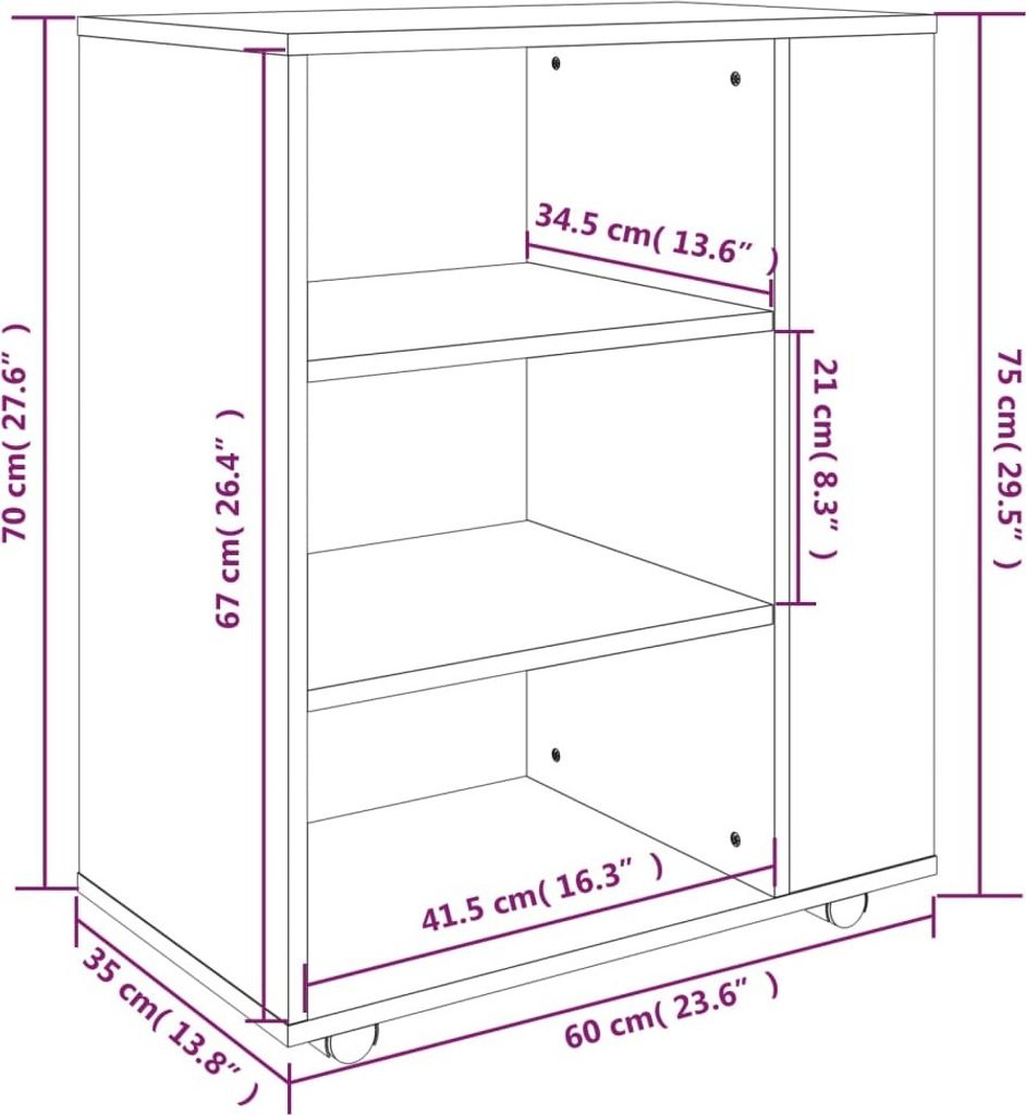 vidaXL Szafka na kółkach brązowy dąb 60x35x75 cm materiał Zdjęcie produktu 10