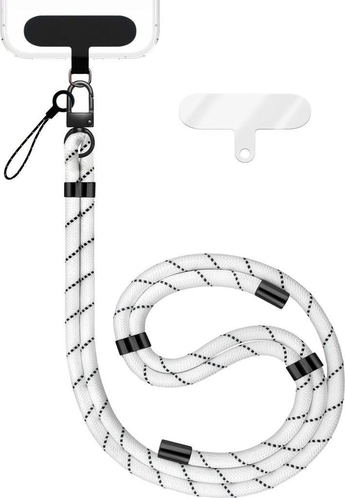 HoldMe Edition - Lanyard mit Karabiner Schwarz & 2 Pads - Universal Handykette Nylon Umhänge Band - Weiß