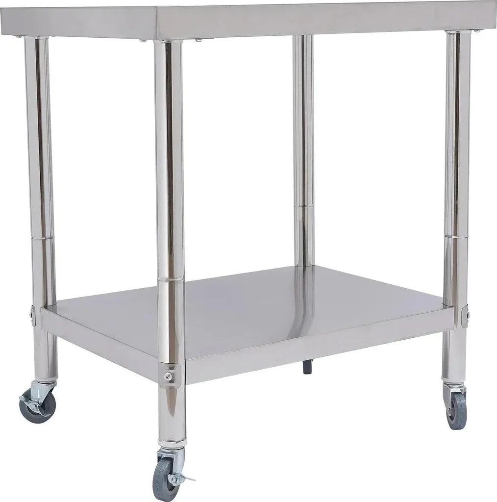 Table inox mobile charge 300 kg avec étagère de rangement et roulettes