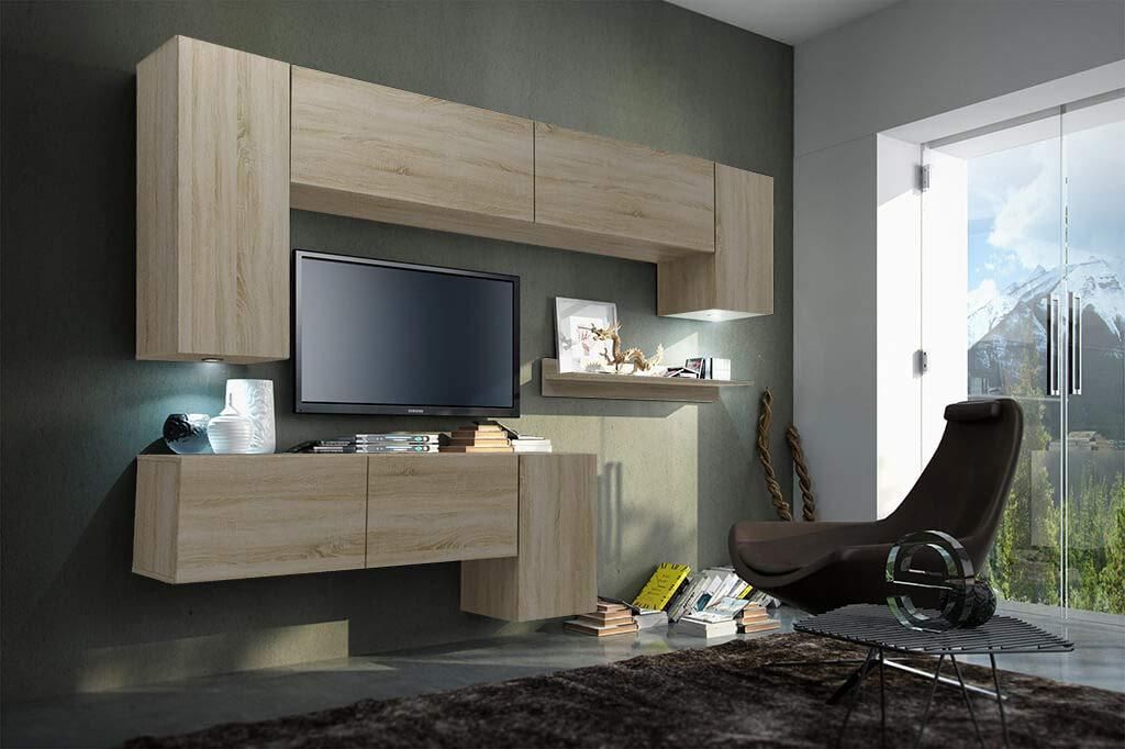 Furnitech Wohnwand Wohnzimmer - Wohnzimmer Möbel mit LED RGB - 16 Farben - Hängend Wohnwand Modern - Regale und TV Schrank (Future C5/S/M4 1A)