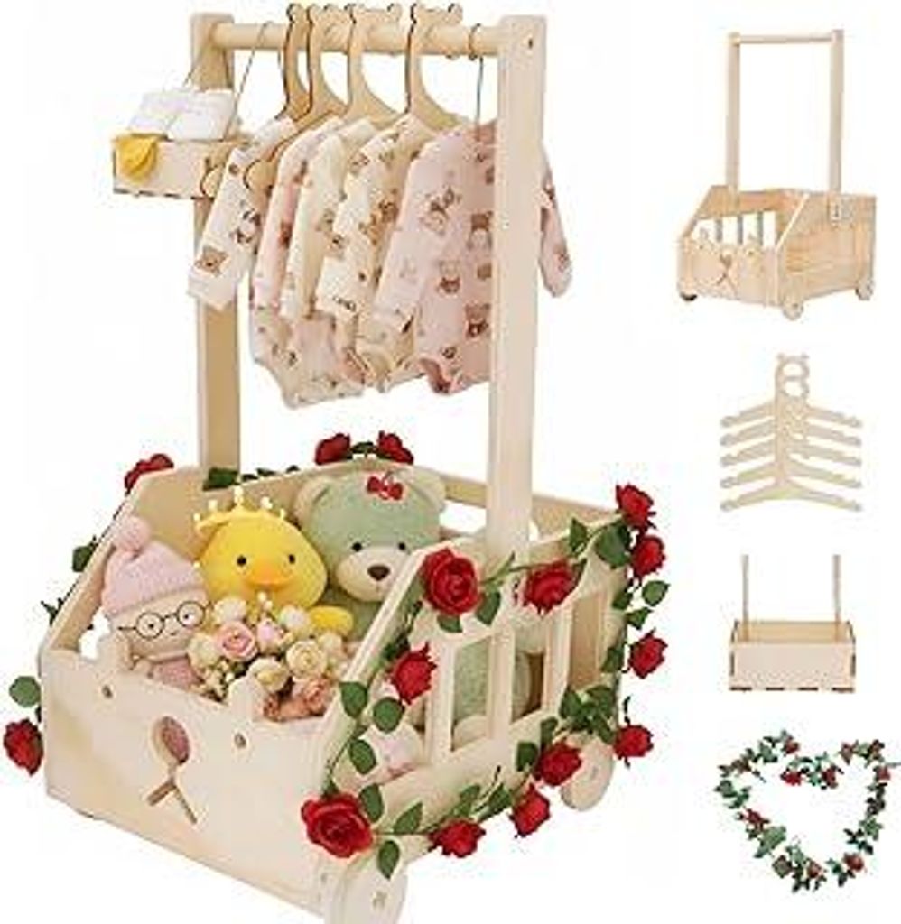 Baby Korb Geschenk, Babyparty Geschenk Baby korb mit Griff, Kinder Kleiderbügel, Girlande und kleine Schublade für Neugeborene Babyparty Neue Elt...