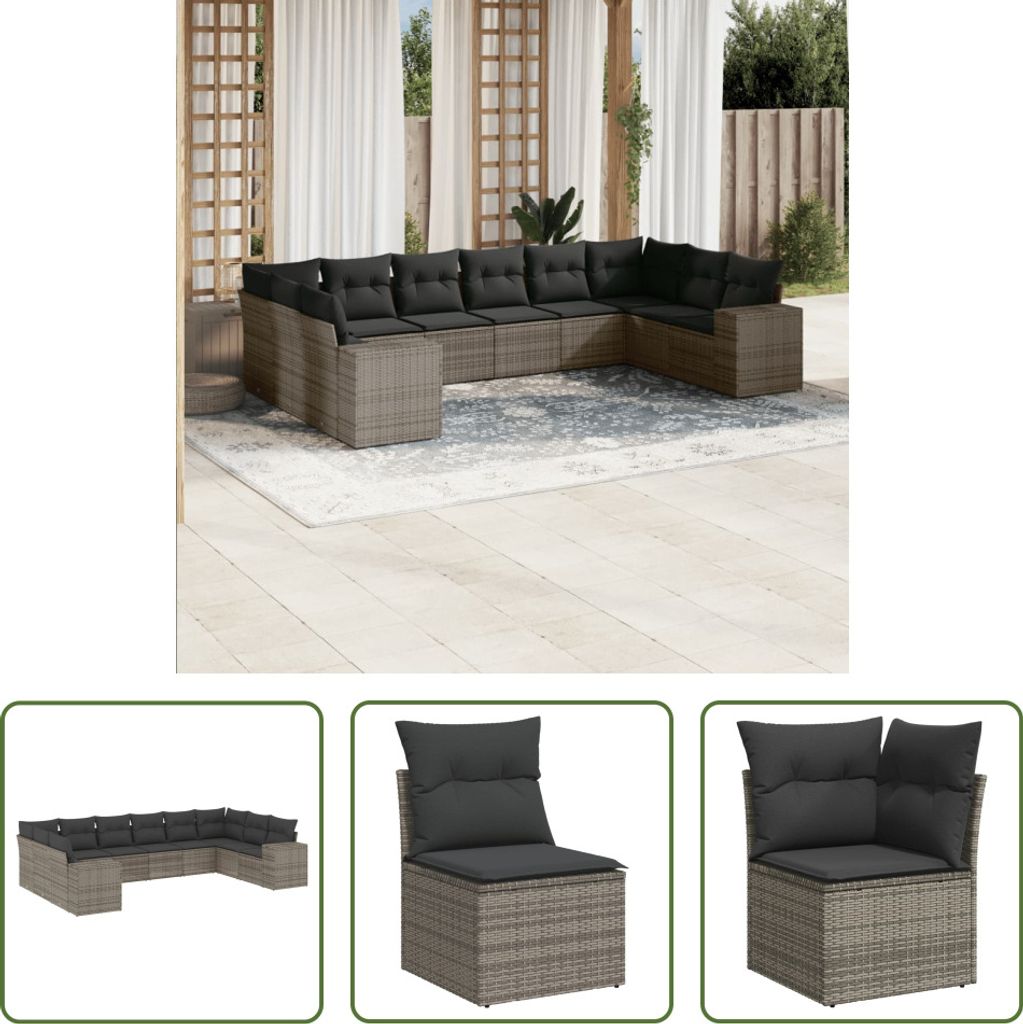 The Living Store 10-tlg. Garten-Sofagarnitur mit Kissen Grau Poly Rattan