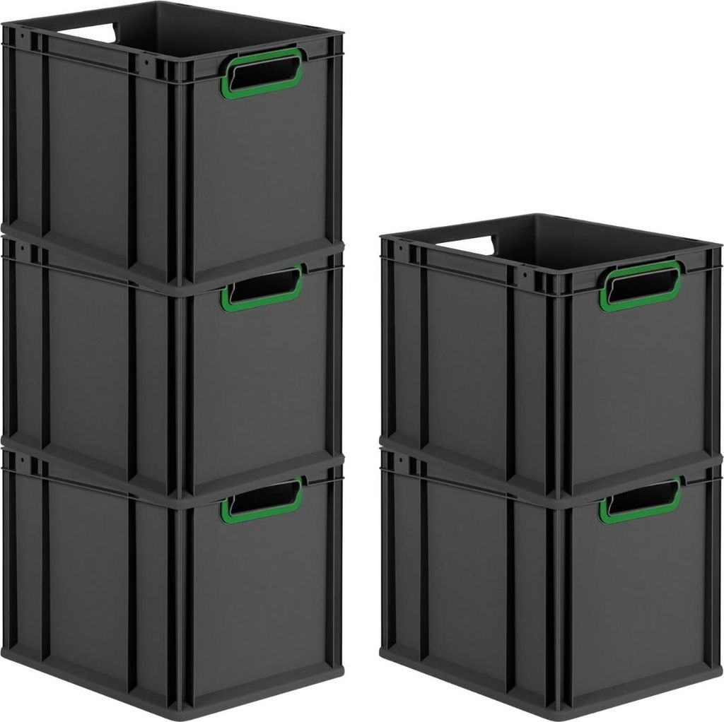 SparSet 5x Eurobox NextGen Color | HxBxT 32x30x40cm | 30 Liter | Griffe grün offen | Schwarz | Eurobehälter, Transportbox, Transportbehälter, St...