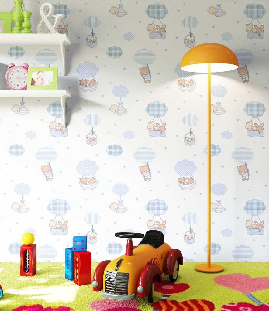 NEWROOM Tapete Blau Vliestapete Bärchen - Kinderzimmer Kinder Weiß Beige Hasen Wolken Babytapete Niedlich Babyzimmer