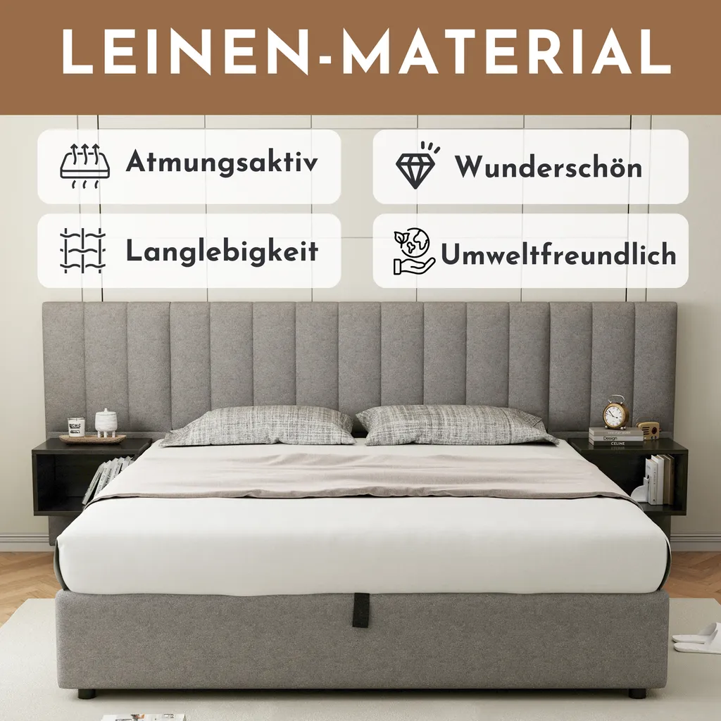 Lit double Boxspring 160x200 cm en lin gris avec rangement
