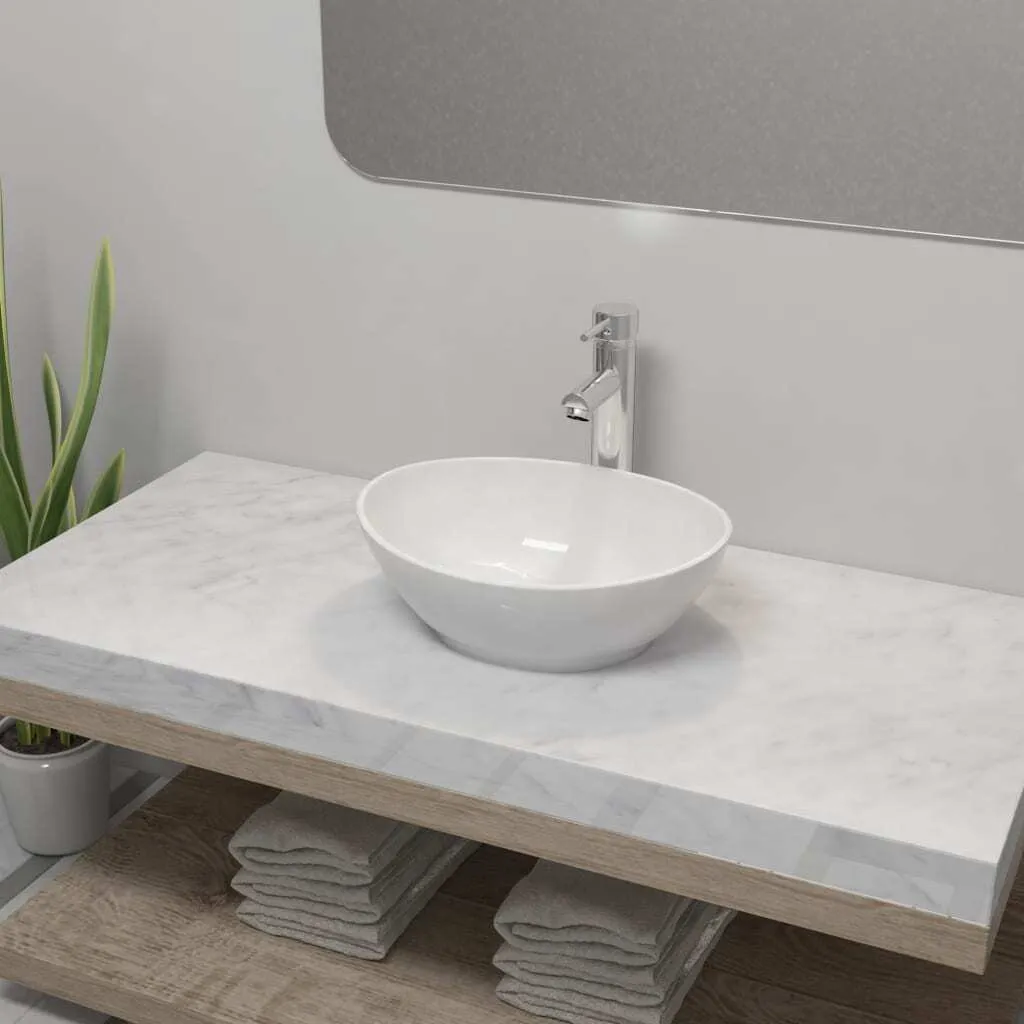 Lavabo Ovale in Ceramica Bianca con Rubinetto Miscelatore Design
