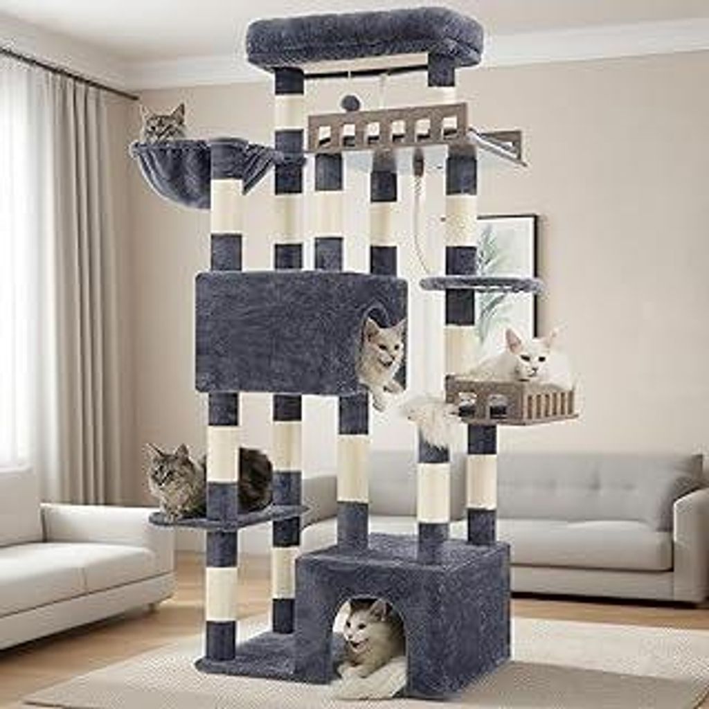 Kratzbaum groß, Katzenbaum für große ausgewachsene Katzen, 174cm Katzenkratzbaum mit Hängematte, 2 große Sitzstangen, 2 Katzenhöhlen,15 Kratz...