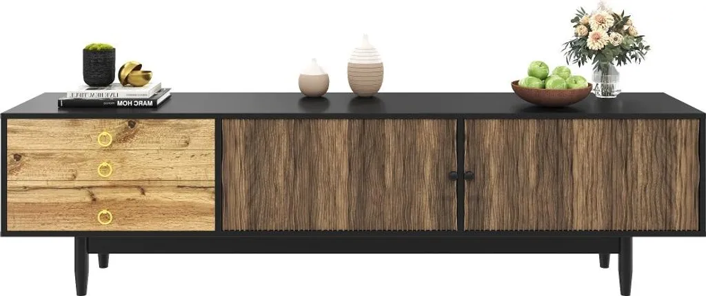 AIORBER Armoire TV avec 3 tiroirs et motif vagues bois noir élégant