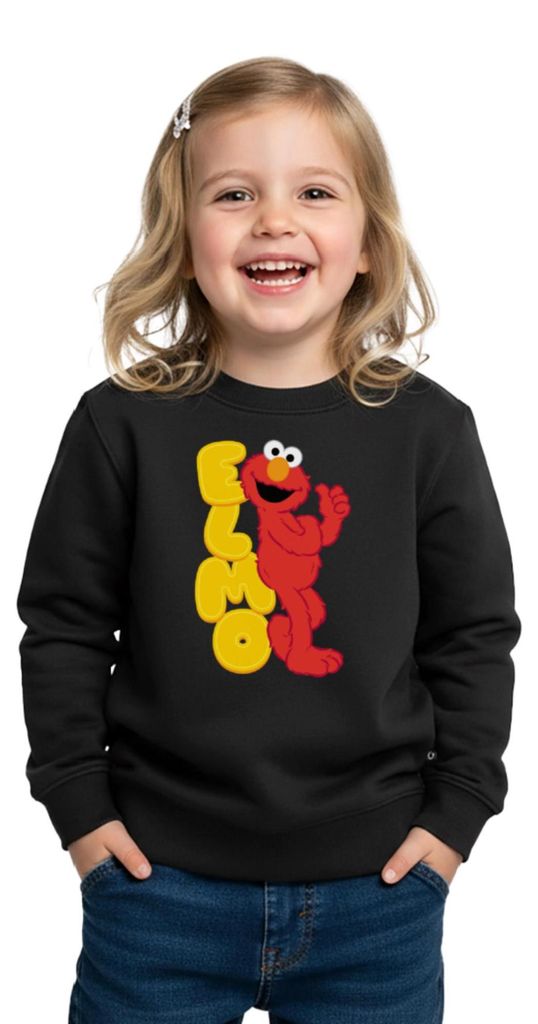 Spreadshirt Sesamstraße Elmo Mit Schriftzug Kinder Premium Pullover, 134/140 (8 Jahre), Schwarz