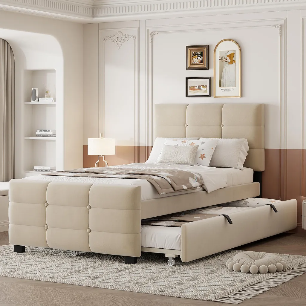 Lit gigogne 90x190 gain de place extensible 120 cm velours beige anti-choc