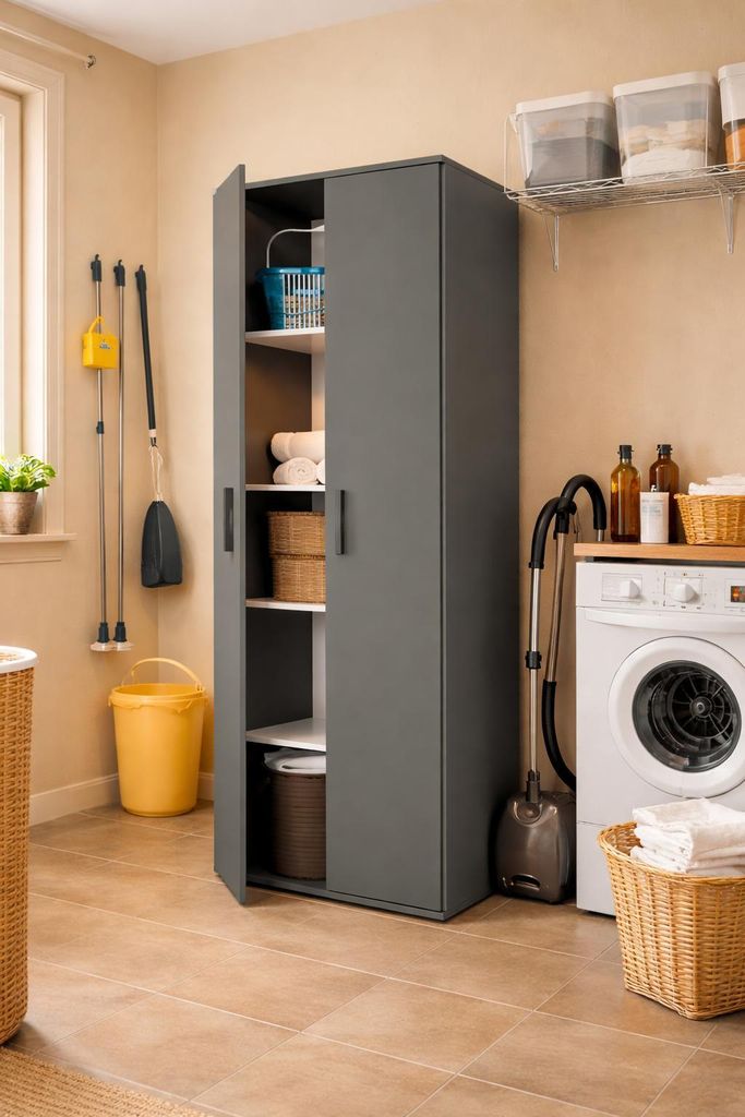 A laundry room with a storage cabinet, washing machine, and cleaning supplies.