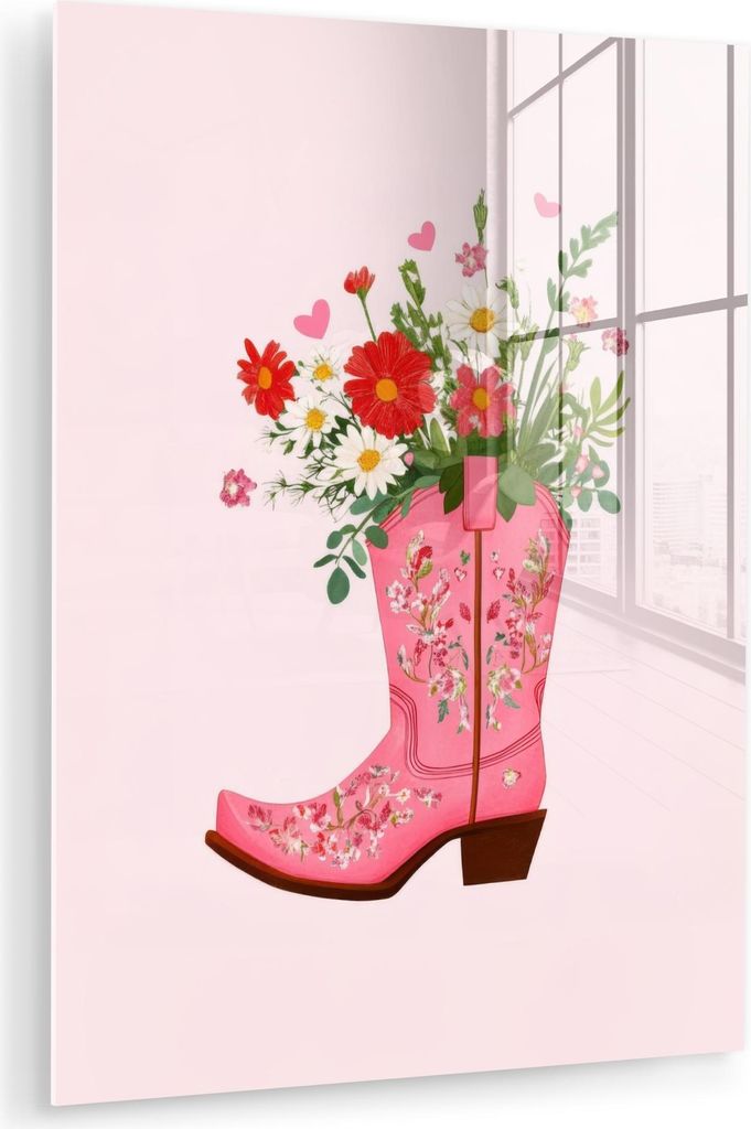 MuchoWow Glasbilder - Bilder auf Wandbild - Foto auf Glas Cowboystiefel - Rosa - Strauß - Blumen 30x40 cm Wanddekoration aus Glas - Acrylglasbild ...
