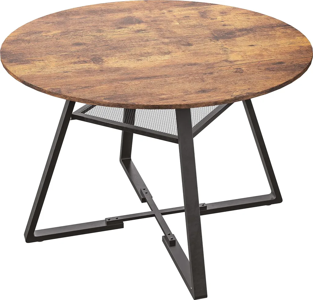 UnboxG Tavolo da pranzo rotondo Ø120 cm, tavolo da sala da pranzo con piano in MDF a 4 pezzi e robusta struttura in metallo, tavolo da cucina dal design industriale, con vano portaoggetti - vintage marrone/nero - 8