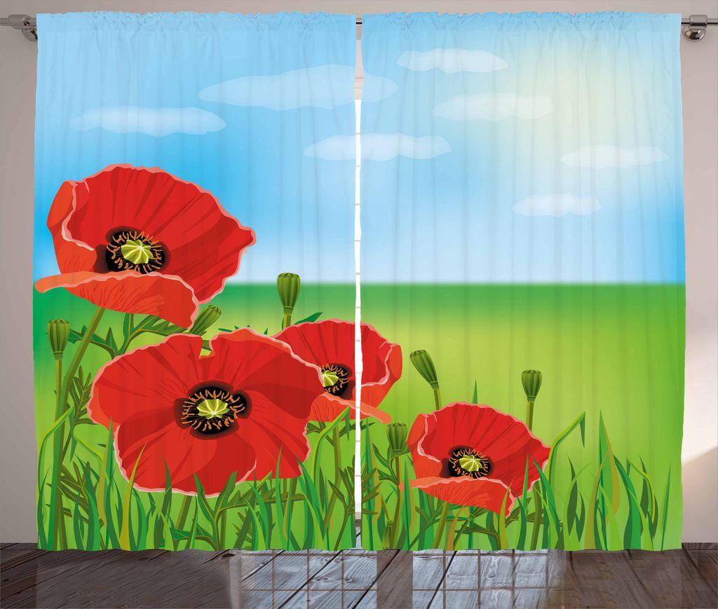 ABAKUHAUS Mohn Rustikaler Gardine, Sunny Day rote Blüten, Schlafzimmer Kräuselband Vorhang mit Schlaufen und Haken, 280 x 175 cm, Red Pale Blau G...