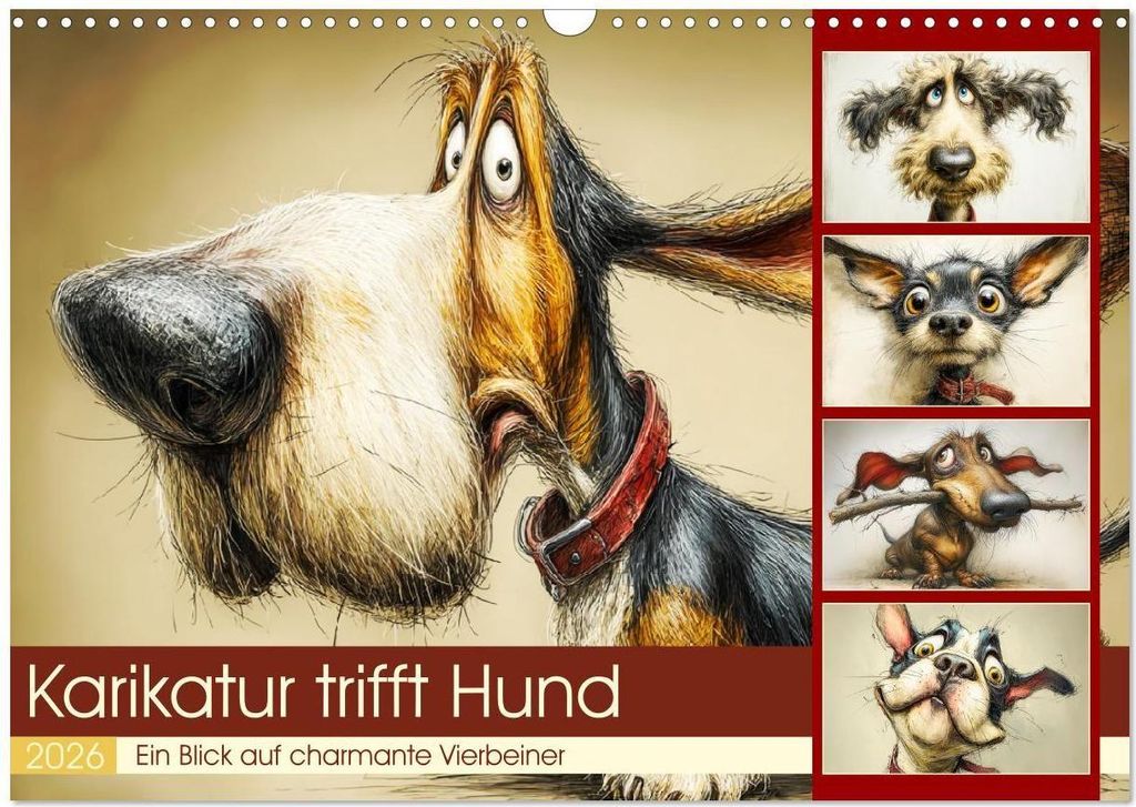 Karikatur trifft Hund. Ein Blick auf charmante Vierbeiner (Wandkalender 2026 DIN A3 quer), CALVENDO Monatskalender