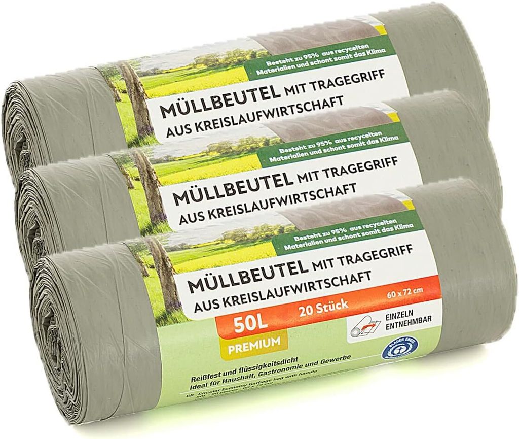 Müllbeutel mit Tragegriff, grau, 95% recyceltes Material (Grau 50 L 3er)