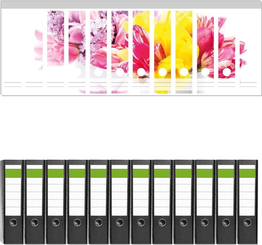 Wallario 12 Stück breite Ordner inkl. Klebeetiketten mit Motive Zwei Blumen-Bouquets aus gelben und roten Tulpen und Flieder - Set mit Rückenschi...