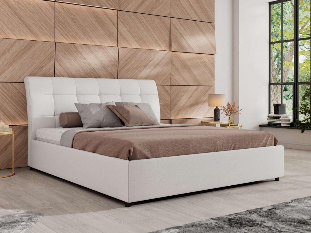 MKS MEBLE Polsterbett GALA CLASSIC Lattenrost klappbar Bett mit Stauraum 200x200 Hotel Betten Schlafzimmer Foam Matratze MIRO LUX Weiß Kunstleder