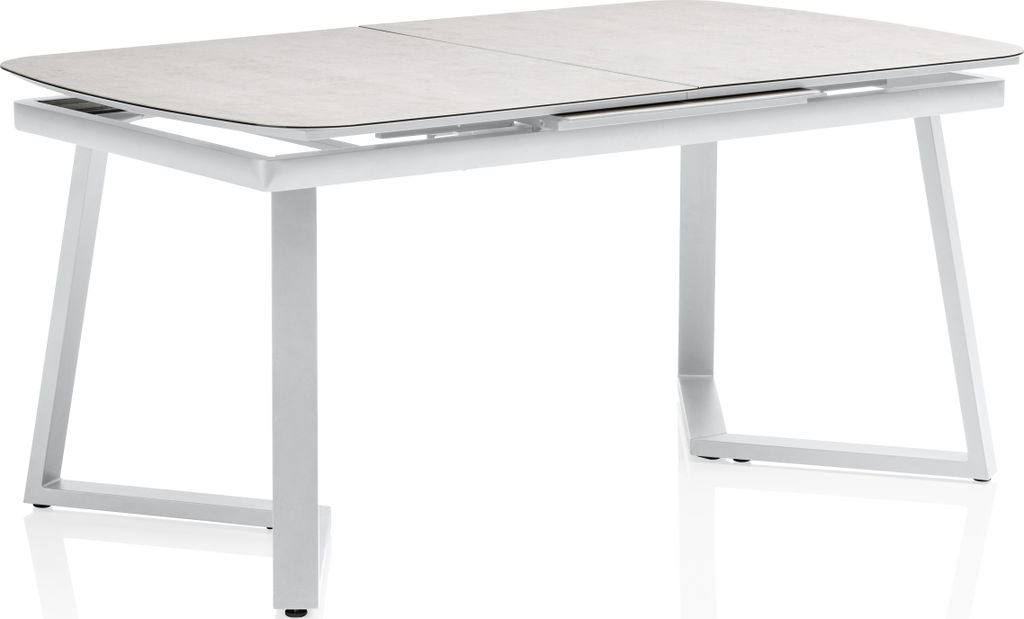 A white metal-framed dining table with a light gray ceramic top, shown from a front-side angle against a white background.