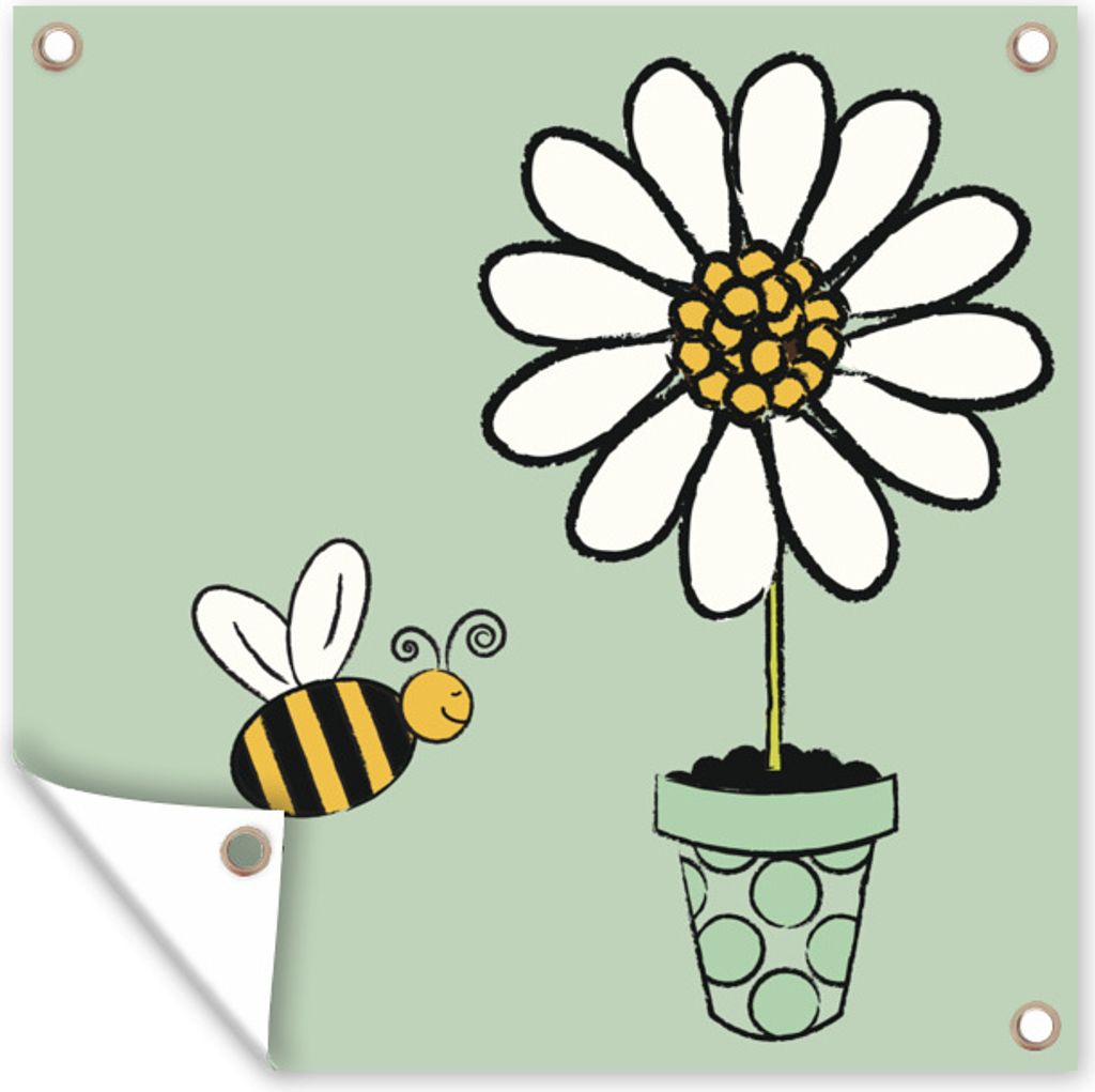 MuchoWow 100x100 cm Outdoor-Poster Gartendeko Sichtschutz Garten Poster für den Garten Illustration einer Biene, die auf eine weiße Blume zufliegt
