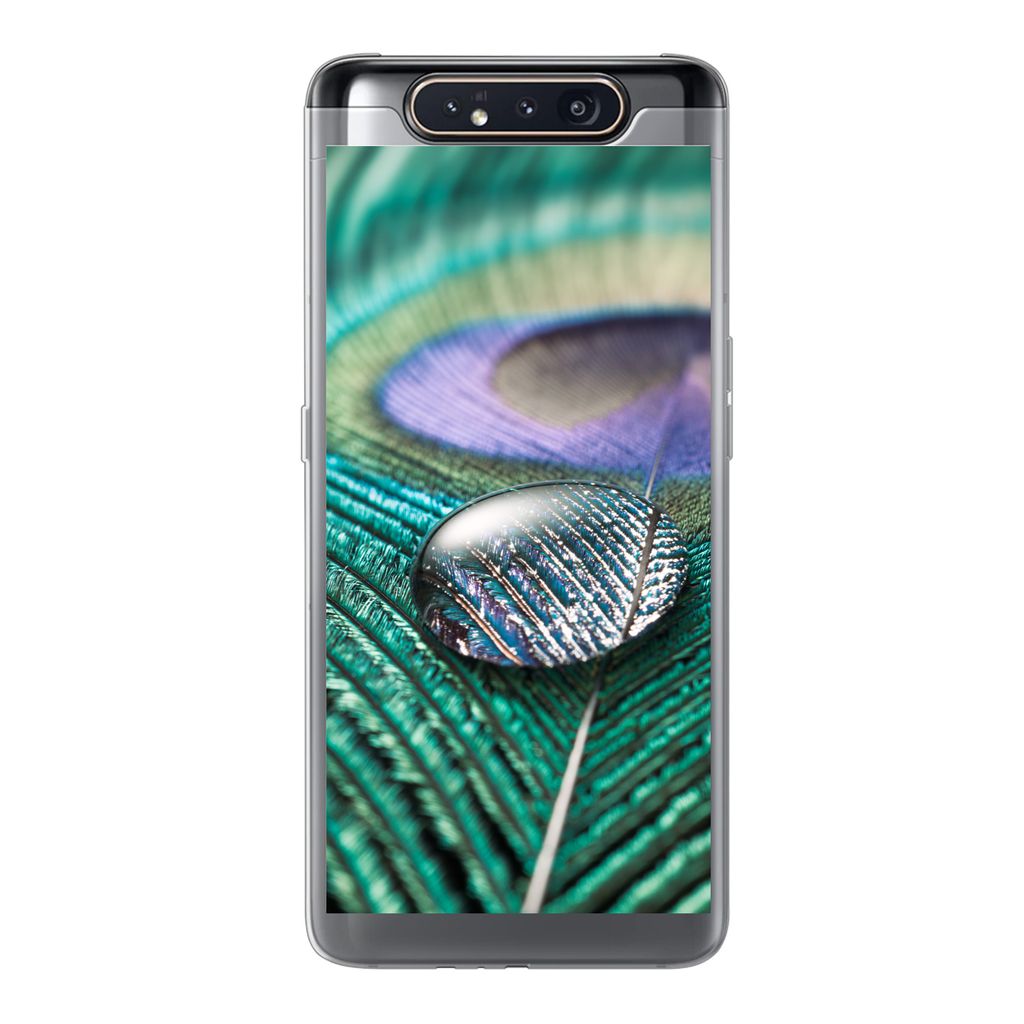 MuchoWow Handyhülle Schutzhülle Hülle für Samsung Galaxy A80 Nahaufnahme eines Wassertropfens auf einer Pfauenfeder Silikon Softcase Handy H...
