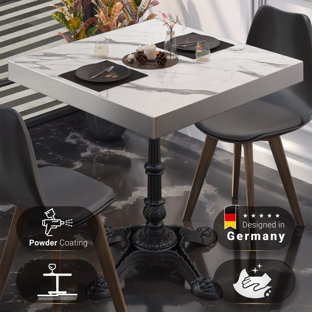 BPR | Bistro Tisch | 60 x 60 x 77 cm | Quadratisch | Edelstahl Rand | Weiß Marmor / Schwarz | Bistrotisch Gastro Tisch