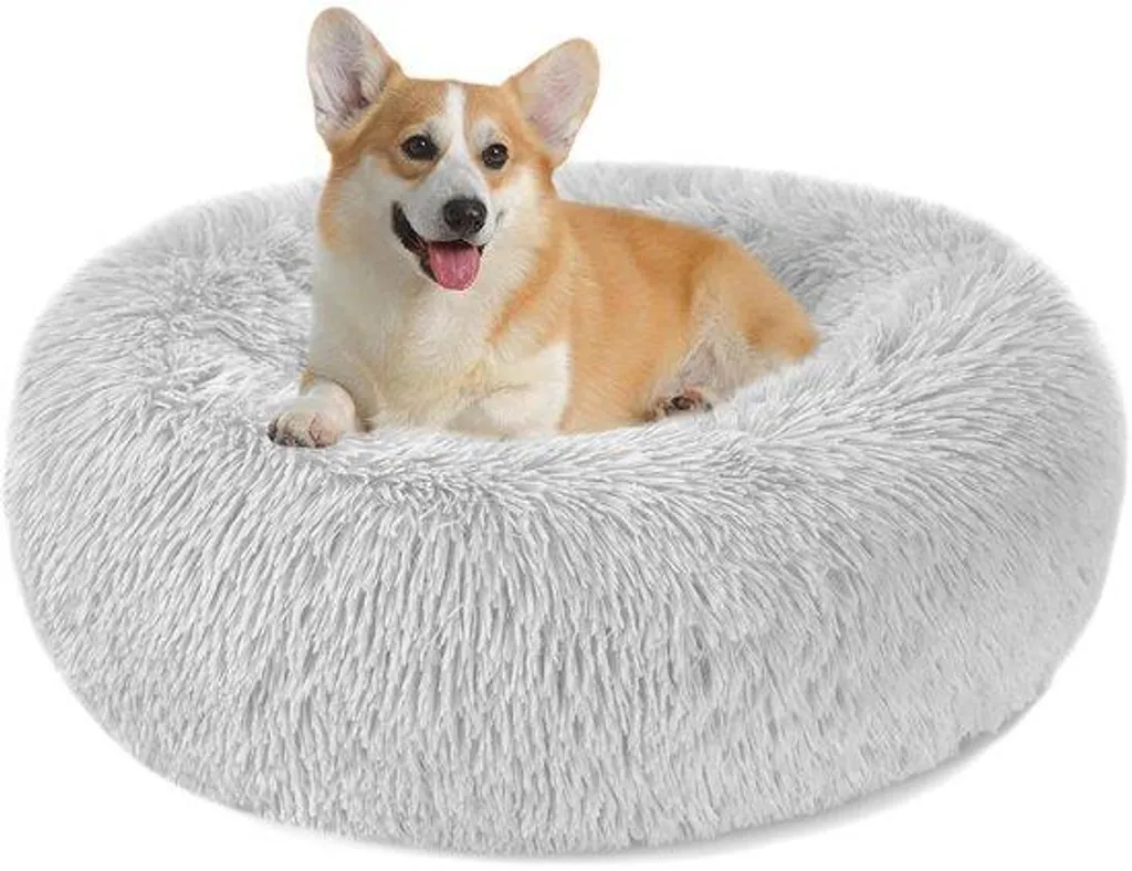 Lit pour chien et chat idéal contre l'anxiété en peluche grise 60cm