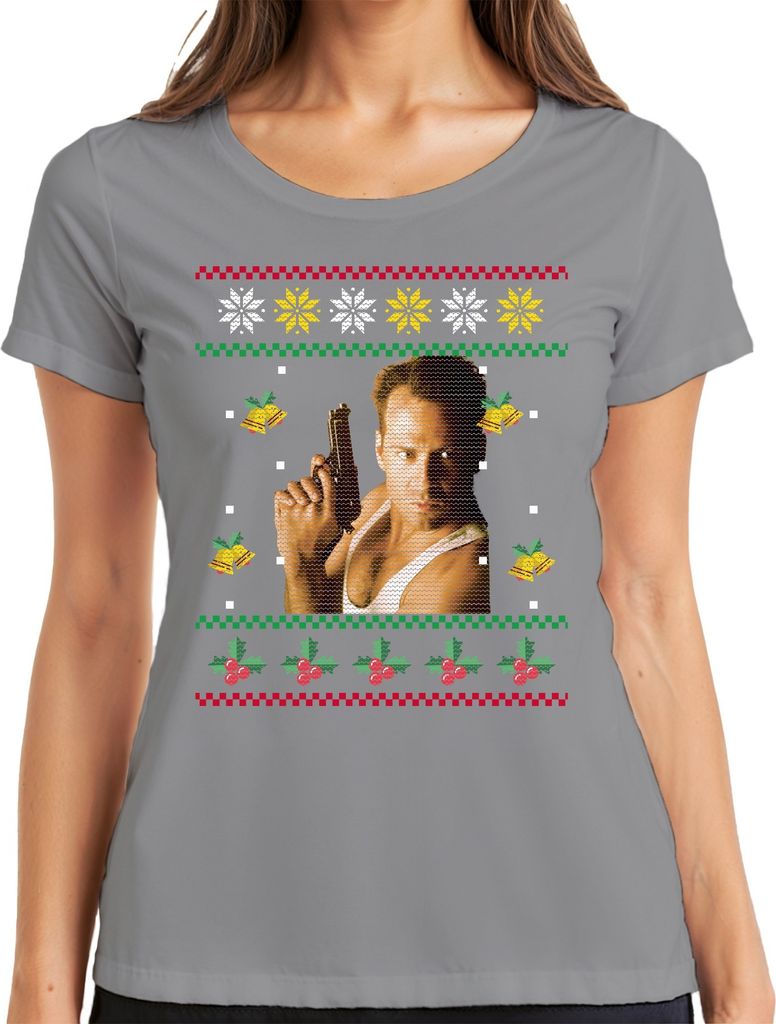Stirb Langsam - Ugly Christmas Sweater Weihnachten Weihnachtsgeschenk Damen T-Shirt, Grau, M