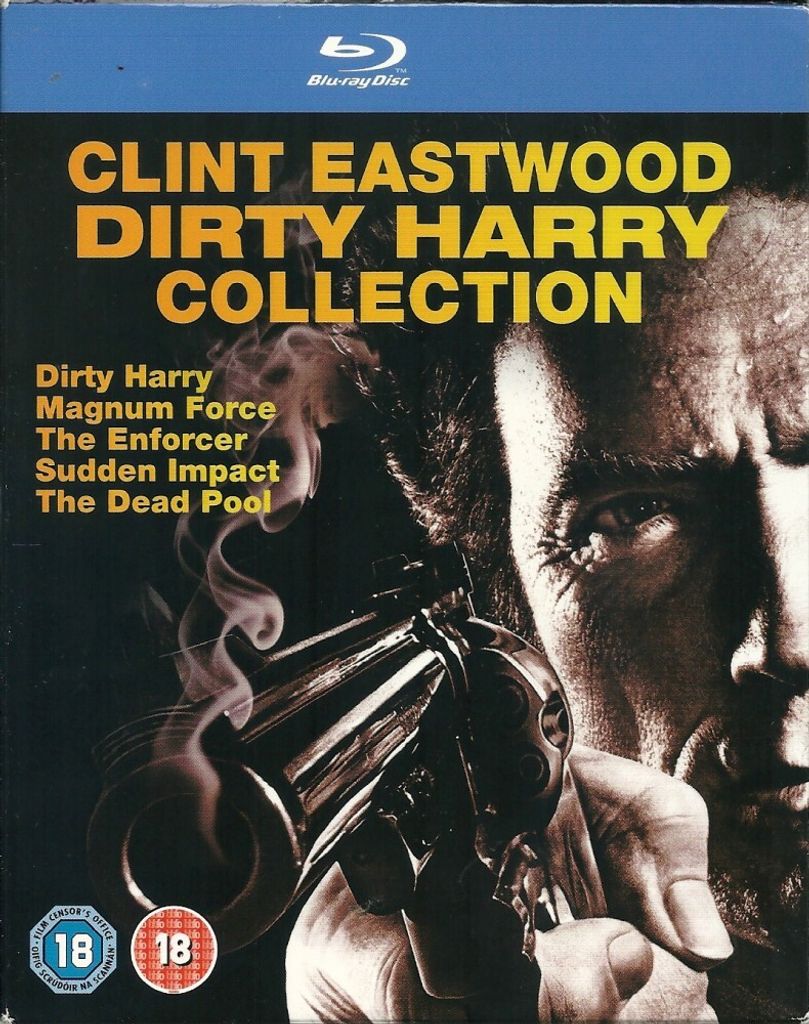 A Blu-ray collection box set for the Dirty Harry movies starring Clint Eastwood.