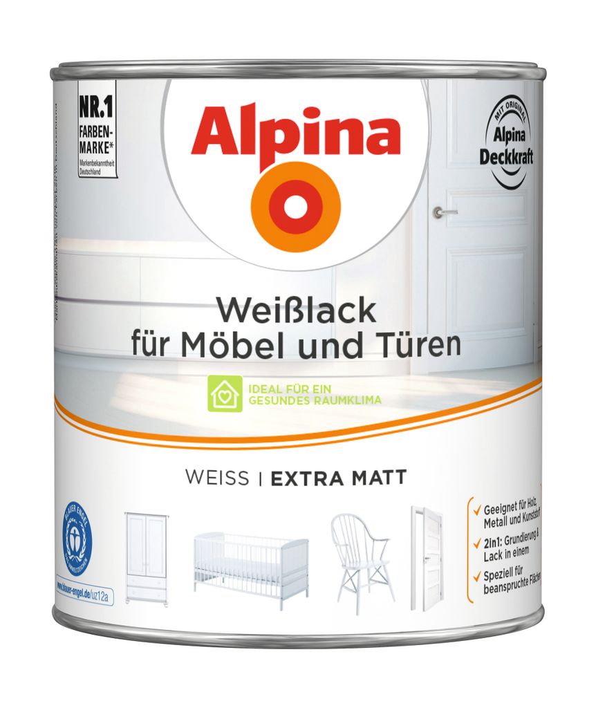 Alpina Weißlack für Möbel & Türen extramatt weiß 2 l Produktbild 