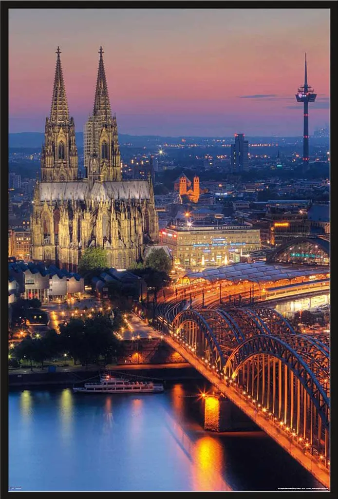 Affiche Cathédrale de Cologne de Nuit Shinsuke avec Cadre Noir 61x91,5 cm