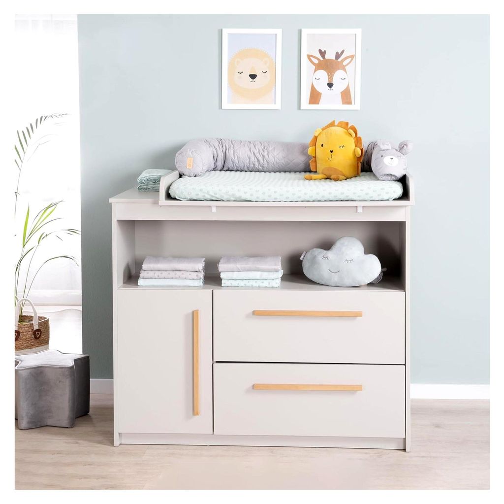 Wickelkommode Lea mit abnehmbarem Wickelaufsatz - Wickeltisch mit 2 Schubladen und 1 Tür - Holzgriffe - Beige/Grau