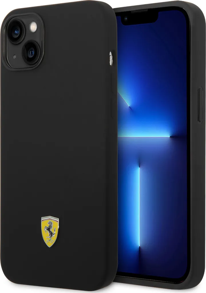 Custodia Ferrari iPhone 15 Plus e 14 Plus Silicone Black Metal Logo