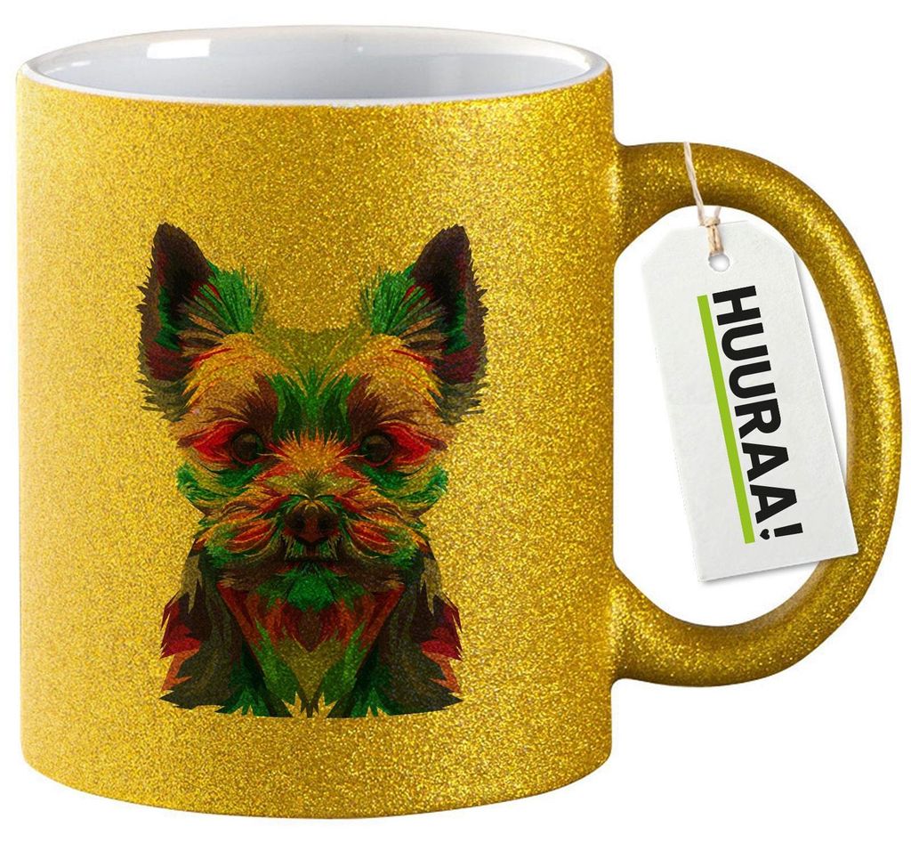 Huuraa Glitzertasse Yorkshire Terrier Colorful 330ml Gold Keramik Kaffeebecher Geschenkidee