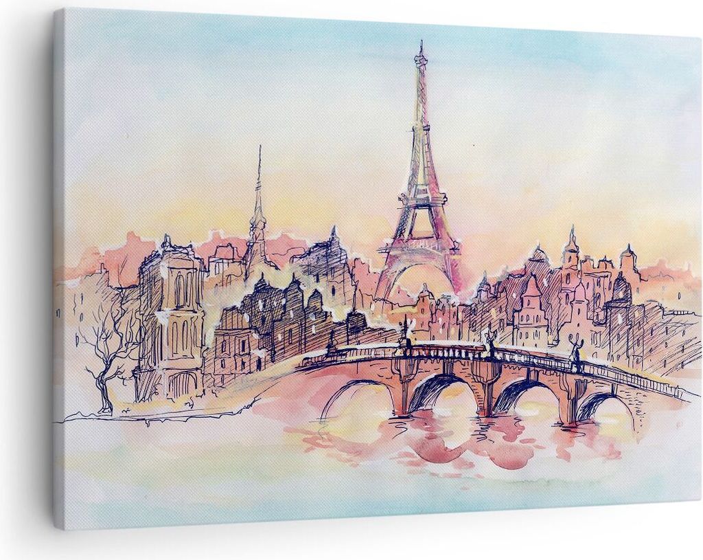 Bild auf Leinwand - Leinwandbild - Brücke Eiffle Illustration Frankreich - 70x50cm - Wand Bild - Wanddeko - Leinwanddruck - Bilder - Kunstdruck - ...