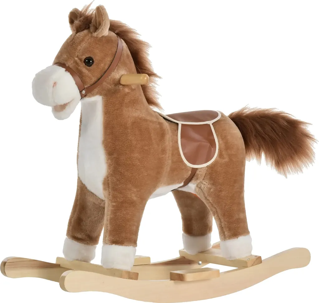 Cheval à bascule interactif sonore avec selle et étriers, peluche marron