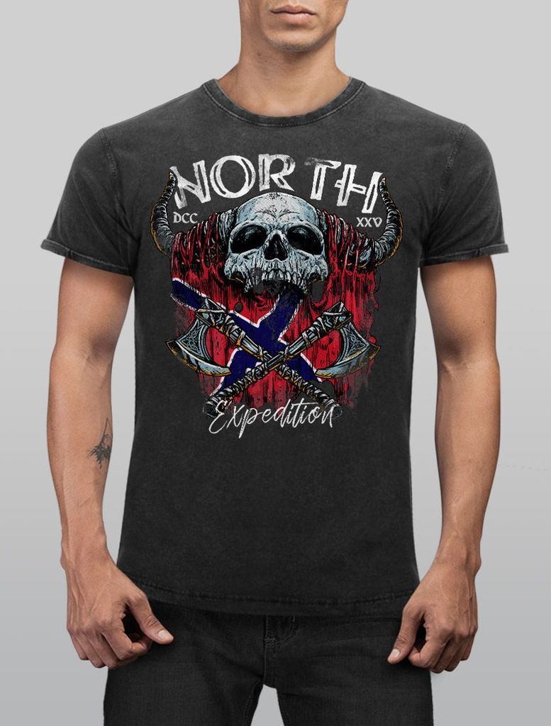 Herren Vintage Shirt North Wikinger Norwegen Skull Totenkopf Printshirt T-Shirt Aufdruck Used Look Slim Fit Neverless schwarz L