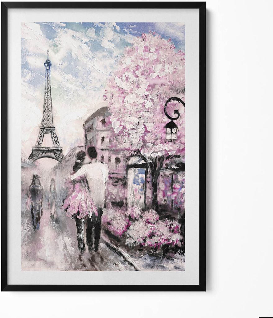 Paris und der Eiffelturm– Wandbild mit Rahmen – Gerahmtes Bild – Wanddekoration – 70x100 cm – Schwarz Rahmen
