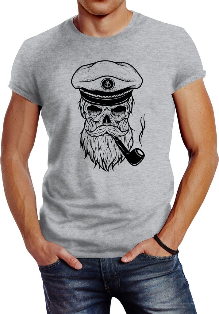 Herren T-Shirt Totenkopf Kapitän Captain Skull Hipster Slim Fit Neverless grau 3XL